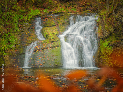 view to cascade of waterfall in canyon though leaves © sergejson