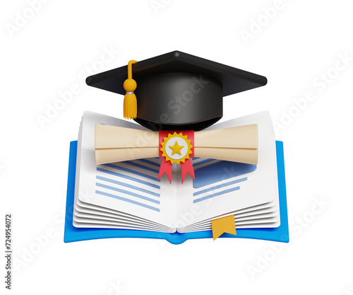 3D learning or self improvement concept. Achievement in education, graduation, degree or goals. 3d open book with graduation cap and degree or diploma. 3d illustration