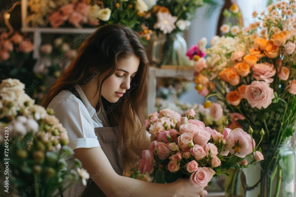 Female model as a florist Arranging a beautiful bouquet in a flower shop