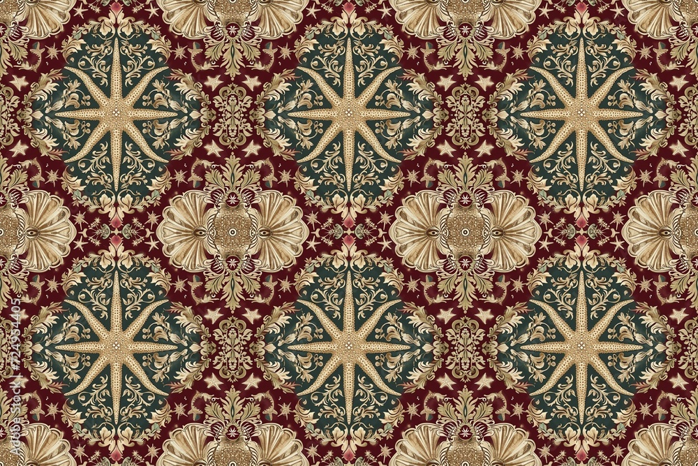 Elegant vintage floral wallpaper with symmetrical pattern design in red and beige