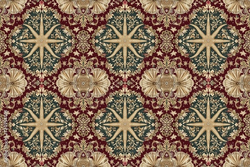 Elegant vintage floral wallpaper with symmetrical pattern design in red and beige