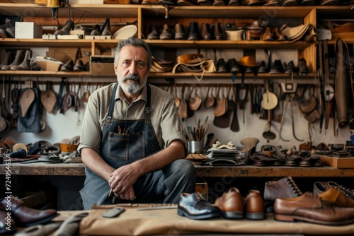 Male model as a bespoke shoemaker in a traditional workshop