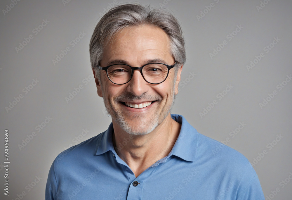 smiling Middle-aged guy with eyeglasses and blue shirt at home smiling Middle-aged guy with eyeglasses and blue shirt at home