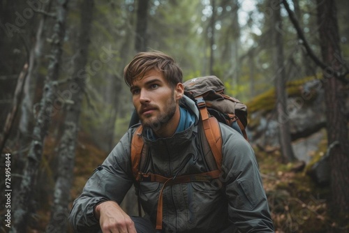 Male model as a wilderness survival instructor in a rugged terrain