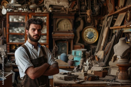 Male model as an antique restorer in a workshop full of curiosities
