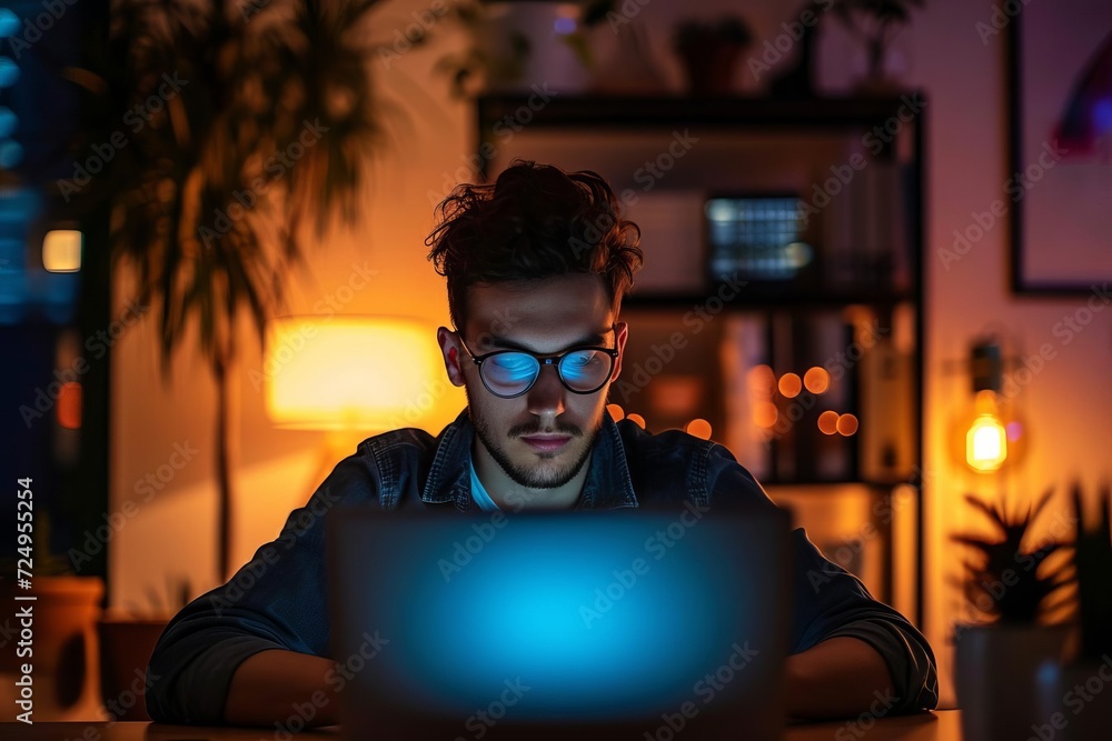 Young entrepreneur working late on a laptop in a modern Minimalist office Young entrepreneur working late on a laptop in a modern Minimalist office