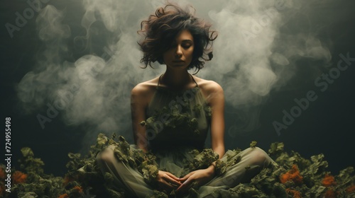 top view of a woman in sitting sad in tendrils encircling smoke, capturing the elusive nature of mental health challenges