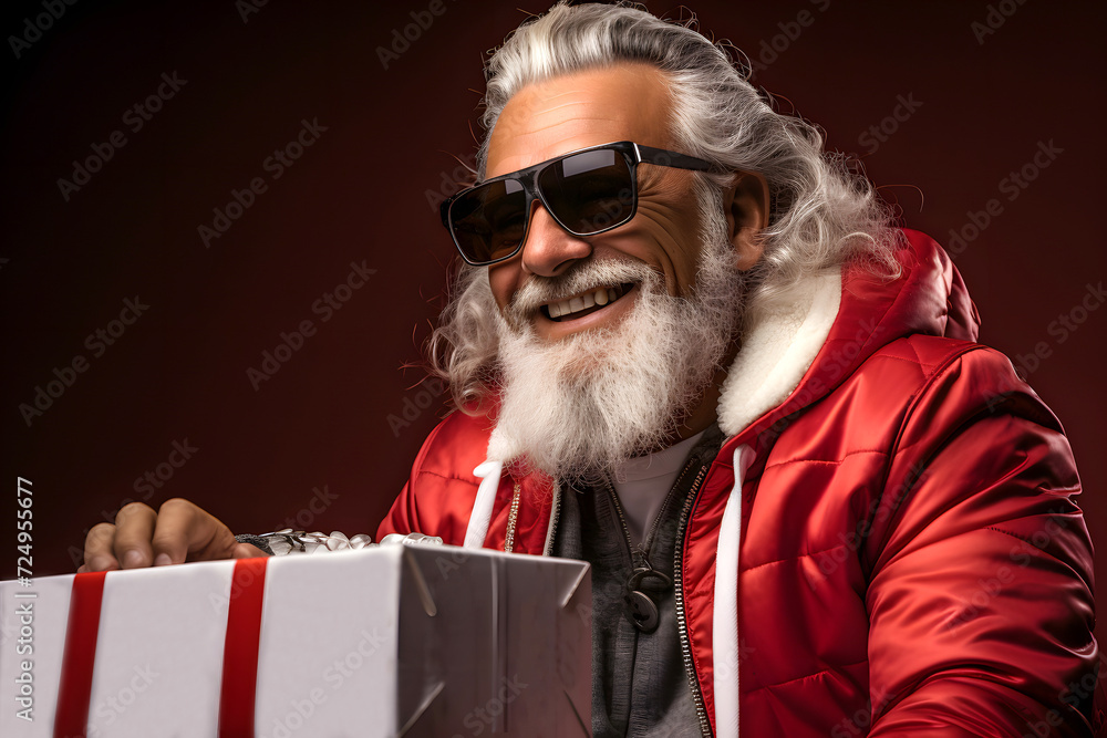 portrait of a fashionable man with a white beard and glasses holding gift boxes portrait of a fashionable man with a white beard and glasses holding gift boxes