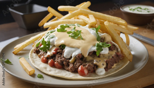 French Tacos with Beef, French Fries, and French Cheese. With French Creamy Cheese Sauce. Street Food Tacos. Generative AI 