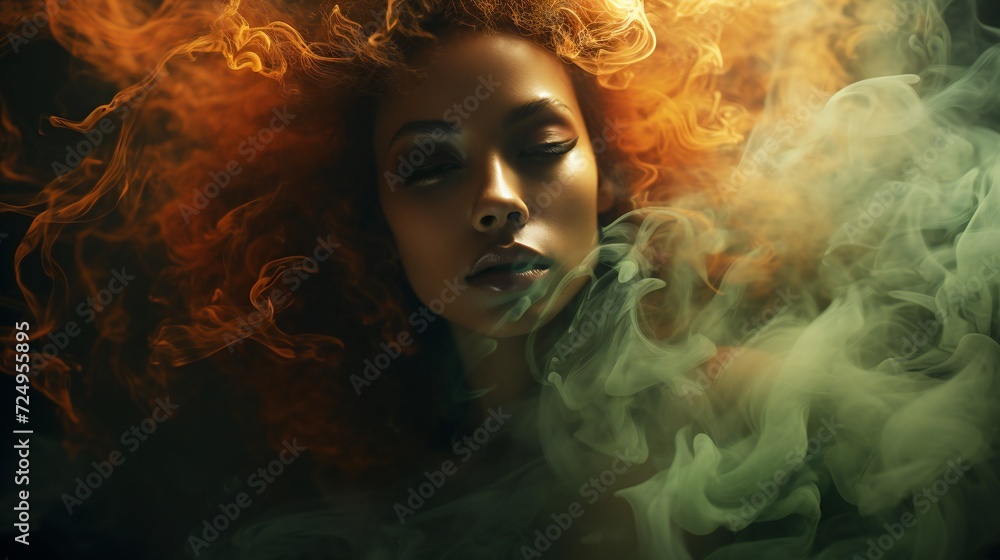 top view of a woman in smoke tendrils encircling her face, capturing the elusive nature of mental health challenges top view of a woman in smoke tendrils encircling her face, capturing the elusive nature of mental health challenges