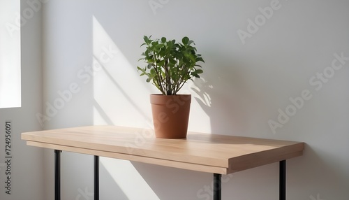 Minimal Scandinavian contemporary empty wooden table with sunlight. Simplistic Home office  Cafe  office and library