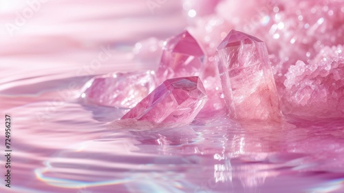 Transparent Pink Crystal Stones Gracefully Floating in a Pool of Water, Embraced by a Soft and Elegant Light Pink Ambiance.