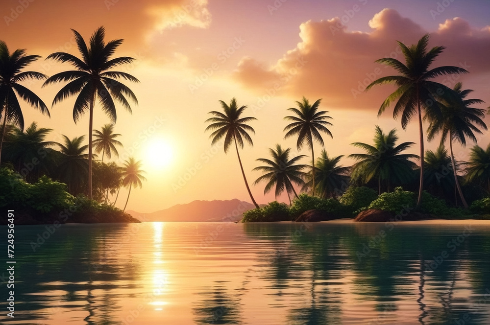 Tropical natural landscape with coconut palm trees at sunset backdrop, amazing tropic scenery. Fantastic sunrise for vacation design. Concept of summer vacation and travel holiday. Copy ad text space