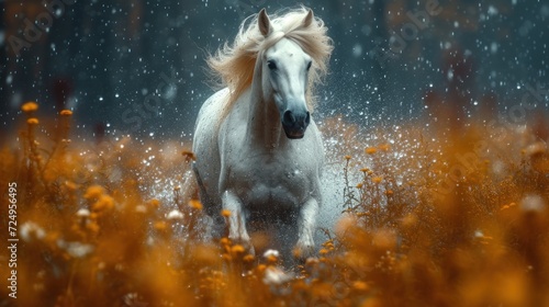  a white horse is running through a field of yellow flowers in the rain with it's hair blowing in the wind and it's hair blowing in the wind.