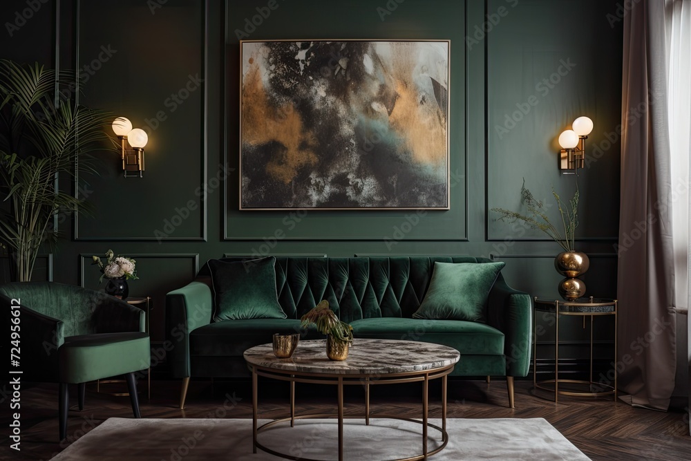 The living room of the apartment is elegantly furnished with a sofa and armchair upholstered in green velvet, a brwon table, a design lamp, and fashionable accessories. The gray wall has abstract pain The living room of the apartment is elegantly furnished with a sofa and armchair upholstered in green velvet, a brwon table, a design lamp, and fashionable accessories. The gray wall has abstract pain