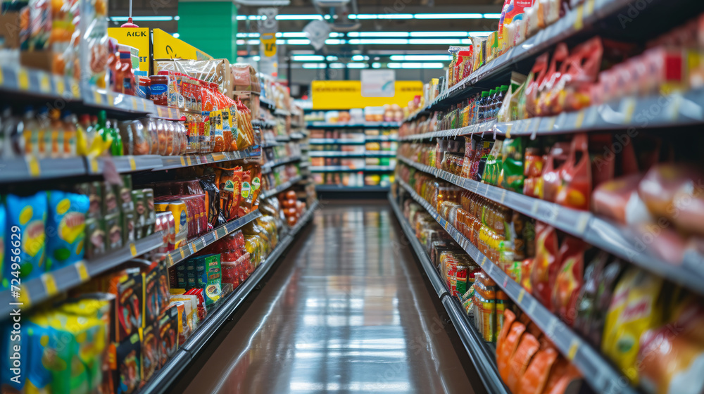 A colorful grocery store aisle packed with a variety of products and brands.