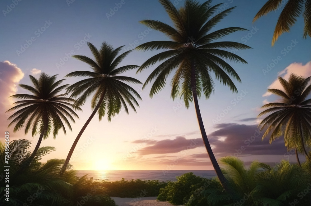 Tropical natural landscape with palm trees at sunset background, amazing tropic scenery, dark sky. Concept of summer vacation and travel holiday. Fantastic sunrise for vacation design. Copy text space