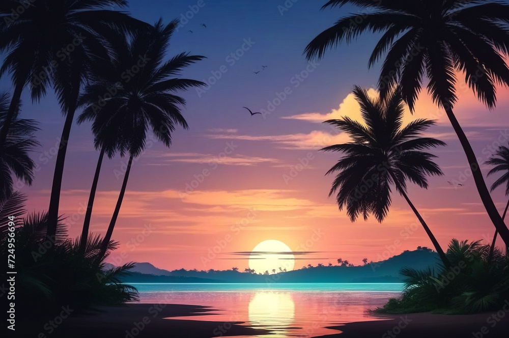 Tropical natural landscape with palm trees at sunset background, amazing tropic scenery, dark sky. Concept of summer vacation and travel holiday. Fantastic sunrise for vacation design. Copy text space