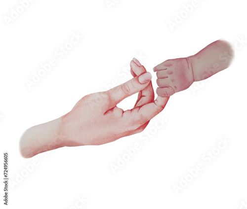 Watercolor parent and child holding hands. Hands drawning illustration. Baby holds mothers hand.