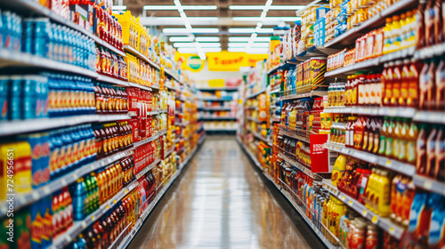A colorful grocery store aisle packed with a variety of products and brands. photo