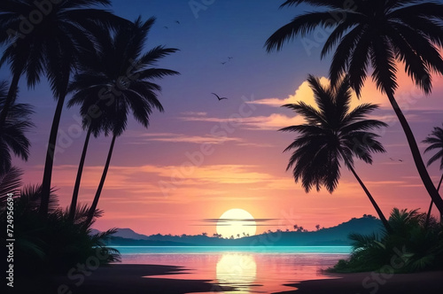 Tropical natural landscape with palm trees at sunset background  amazing tropic scenery  dark sky. Concept of summer vacation and travel holiday. Fantastic sunrise for vacation design. Copy text space