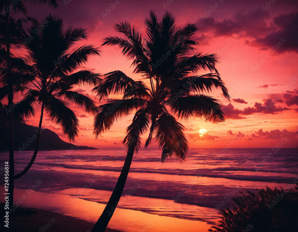Tropical natural landscape with palm trees at sunset background, amazing tropic scenery, dark sky. Fantastic sunrise for vacation design. Concept of summer vacation and travel holiday. Copy text space