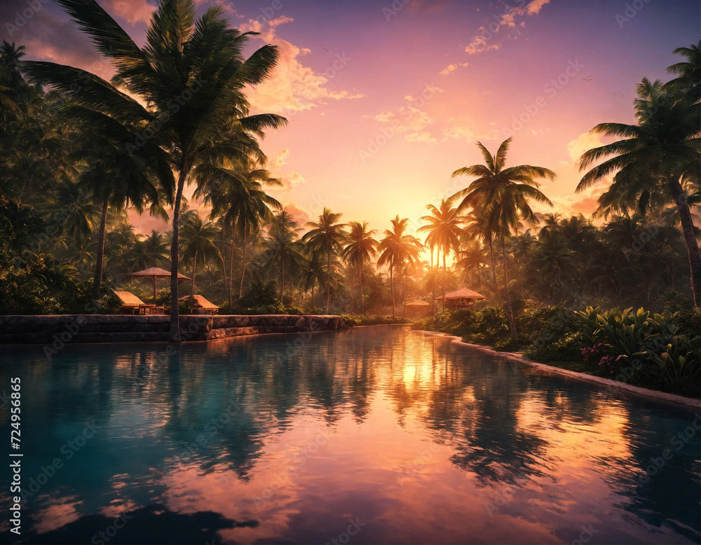 Tropical natural landscape with coconut palm trees at sunset backdrop, amazing tropic scenery. Concept of summer vacation and travel holiday. Fantastic sunrise for vacation design. Copy ad text space