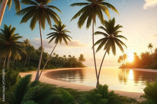 Tropical natural landscape with coconut palm trees at sunset backdrop  amazing tropic scenery. Concept of summer vacation and travel holiday. Fantastic sunrise for vacation design. Copy ad text space