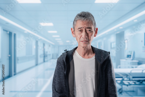 入院中に病院の中を歩く高齢男性 photo