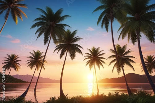 Tropical natural landscape with coconut palm trees at sunset backdrop, amazing tropic scenery. Concept of summer vacation and travel holiday. Fantastic sunrise for vacation design. Copy ad text space © Alex Vog
