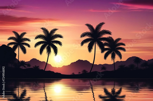 Tropical natural landscape with silhouettes palm trees at sunset backdrop  amazing tropic scenery. Fantastic sunrise for vacation design. Concept of summer vacation and travel holiday. Copy text space