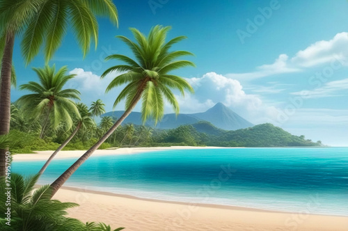 Tropical natural landscape panorama with palm trees at sky background  amazing tropic scenery. Concept of summer vacation and travel holiday. Fantastic sunrise for vacation design. Copy ad text space