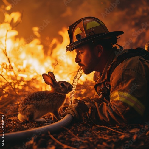 A brave firefighter quenches his thirst amidst the chaos of an outdoor fire, finding respite and strength in an unlikely companion - a rabbit