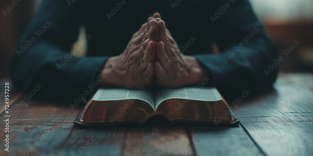 Fototapeta premium Man praying hands clasped together on Bible