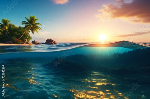 Tropical natural sea landscape sunset for backgrounds, amazing tropic scenery. Fantastic sunrise on ocean for vacation stylish design. Concept of summer vacation and travel holiday. Copy ad text space