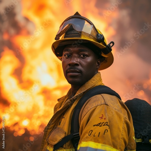 A brave man in his high visibility clothing and hard hat stands ready to battle the blazing fire, determined to save lives as a firefighter © Dejan