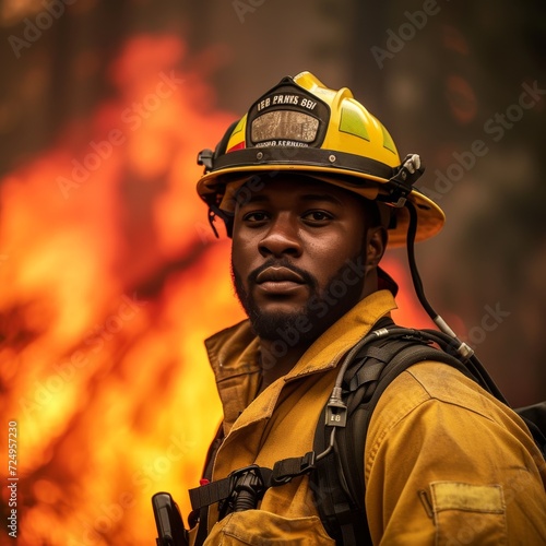 A brave man in his iconic blue firefighter uniform stands tall, donning his trusty helmet and hard hat as he prepares to face the fiery dangers of the world and protect those in need