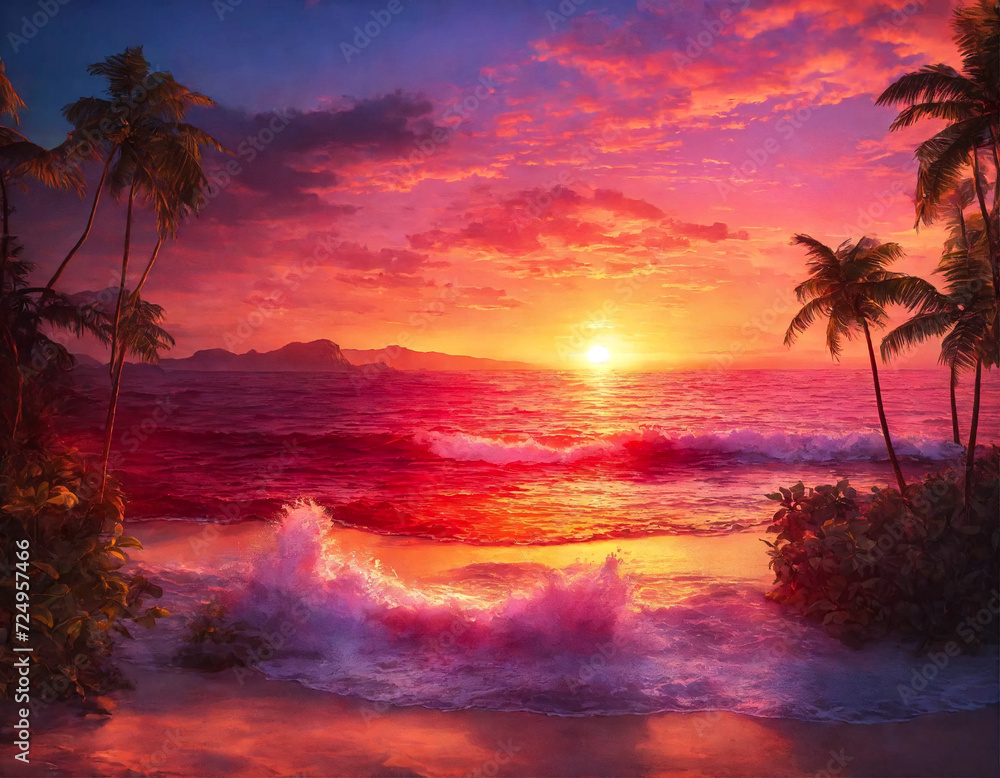 Fantastic sunrise on sea for vacation style design. Tropical natural ocean landscape sunset for backgrounds, amazing tropic scenery. Concept of summer vacation and travel holiday. Copy ad text space