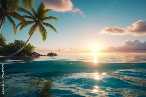Tropical natural ocean landscape sunset for backgrounds, amazing tropic scenery. Fantastic sunrise on sea for vacation style design. Concept of summer vacation and travel holiday. Copy ad text space © Alex Vog