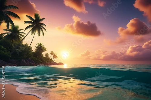 Tropical natural ocean landscape sunset for backgrounds  amazing tropic scenery. Fantastic sunrise on sea for vacation style design. Concept of summer vacation and travel holiday. Copy ad text space