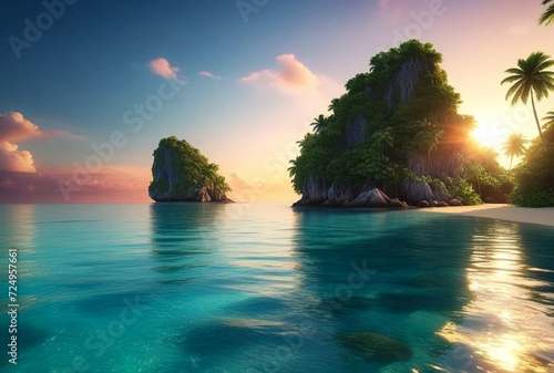 Tropical natural sea landscape sunset for backgrounds, amazing tropic scenery. Fantastic sunrise on ocean for vacation style design. Concept of summer vacation and travel holiday. Copy ad text space