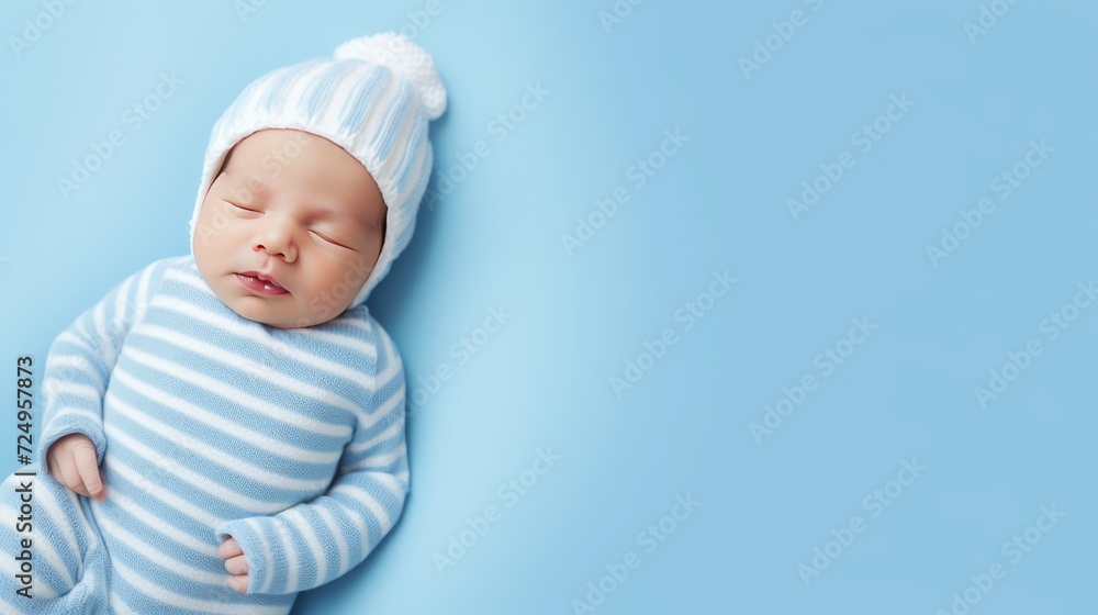 new born baby in baby clothes, happy, smiling,blue background, copy space, 16:9 new born baby in baby clothes, happy, smiling,blue background, copy space, 16:9