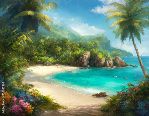 Tropical natural ocean coastline landscape with stone on sandy beach  amazing tropic scenery. Fantastic image sea for vacation design. Concept of summer vacation and travel holiday. Copy ad text space