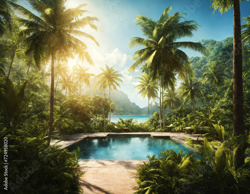 Background tropical nature landscape with coconut palm trees on fantastic seascapes  amazing blue sky with clouds for concept of summer vacation and business travel