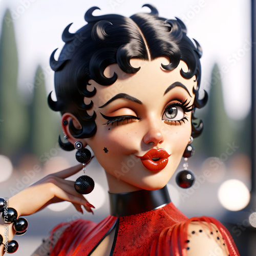 Portrait de femme déguisée en personnage de dessin animé de type Betty avec cheveux noirs bouclés, lèvres rouge, 