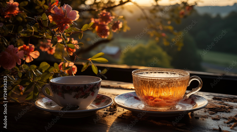 Beautiful meadow flower and sky colorful sunrise background, coffee tea morning, work life balance concept, refreshment, purple, soft pastel magical nature Beautiful meadow flower and sky colorful sunrise background, coffee tea morning, work life balance concept, refreshment, purple, soft pastel magical nature
