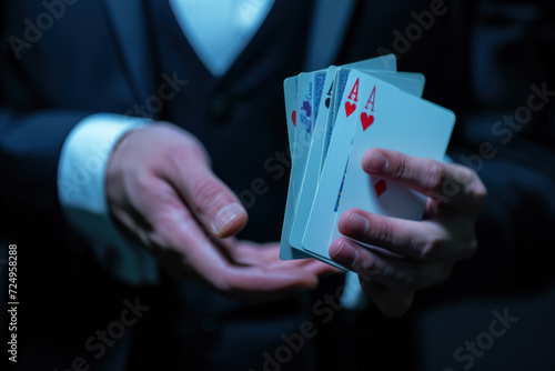 Magician in a suit performing card trick with a flair of mystery.