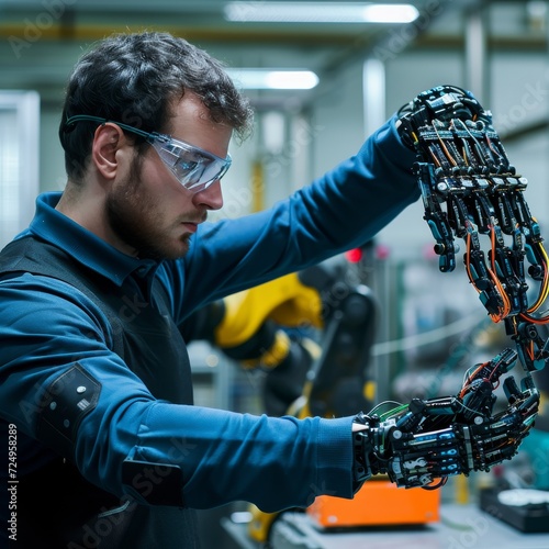 A skilled technician in protective goggles confidently wields a robotic arm, showcasing the perfect blend of man and machine in the world of engineering