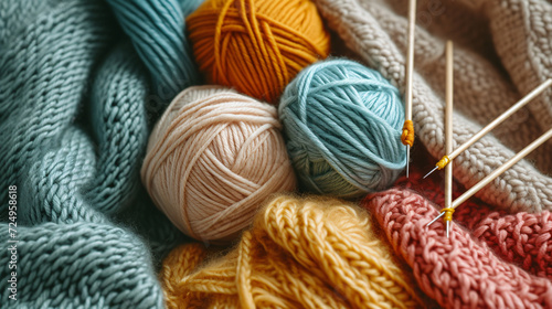 A cozy flat lay of a knitting project with colorful yarns and needles.