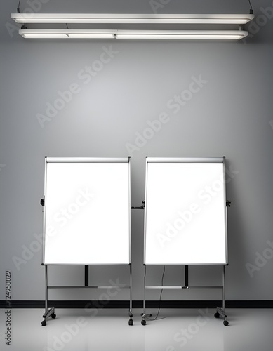 two linked whiteboards in a n empty room